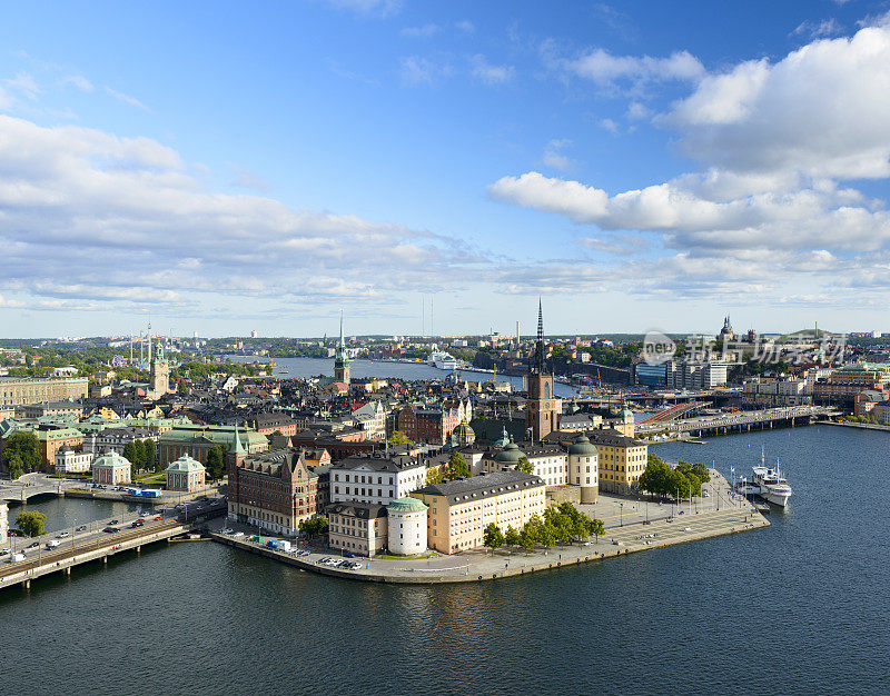 鸟瞰图Riddarholmen和Gamla Stan城市天际线在斯德哥尔摩，瑞典